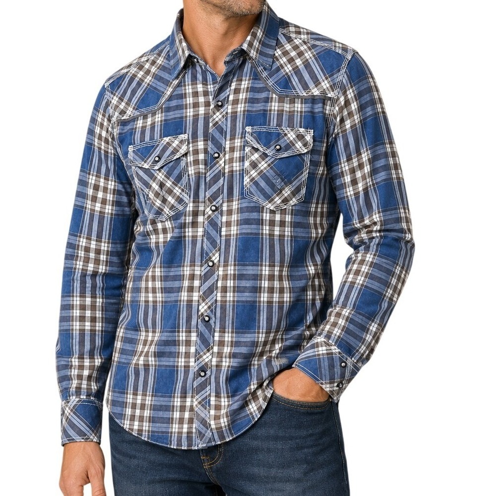 BKE Vintage Blue Plaid Western Pearl Snap Athletic Fit Shirt Men's Medium